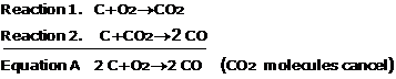 *eq* Reaction 1, C +O2 → CO2 , is combined with Reaction 2, C + CO2  → 2 CO , and the CO2 molecules cancel out to give reaction A,  2 C + O2 → 2 CO.           