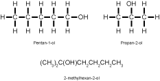 structures of pentan-1-ol, propan-2-ol and 2-methylhexan-2-ol