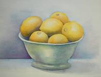 close-up painting of a bowl of lemons set against a plain background