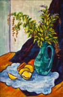 still life painting featuring a bright blue jug, which contains foliage, standing on a wooden table with dark blue fabric as background